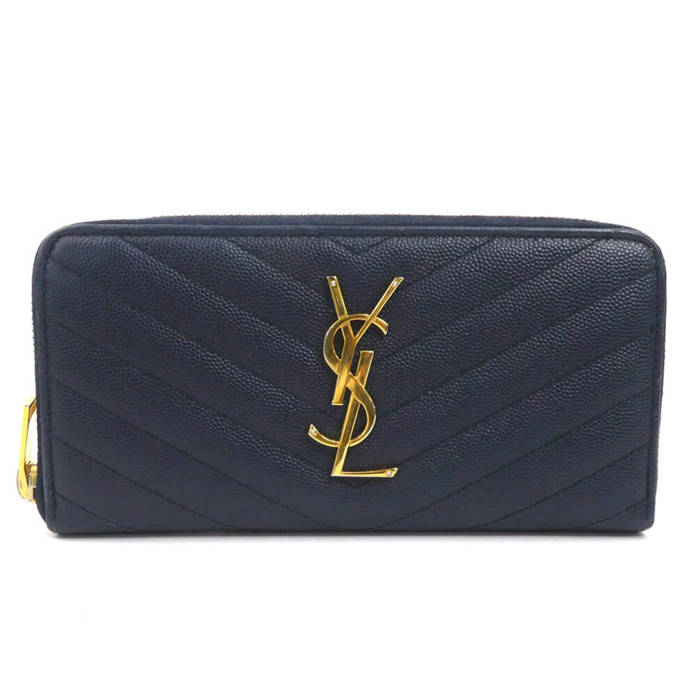 Saint Laurent round zipper long wallet, leather, navy gold, men's and women's...